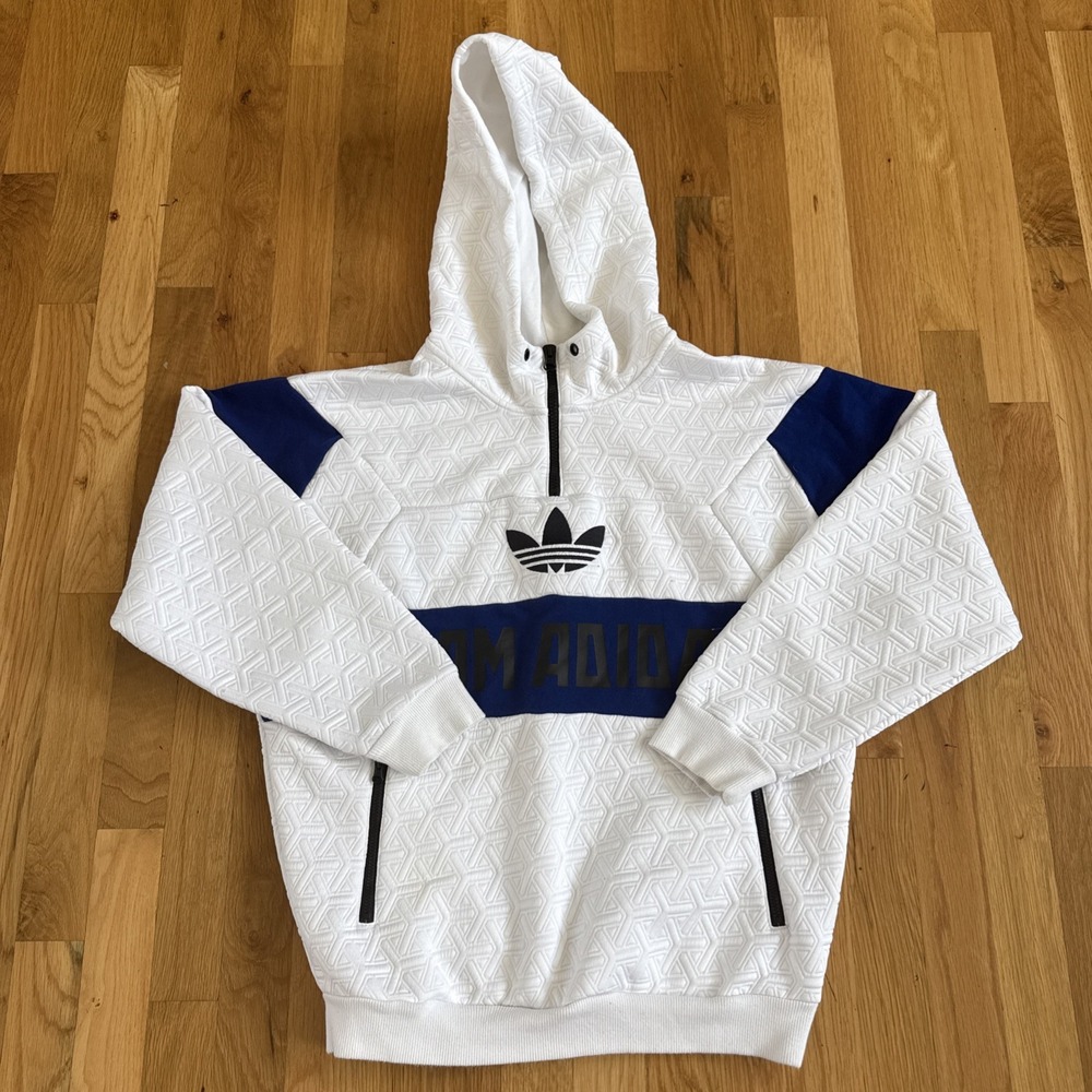 Adidas Women's Hoodie Size S White Blue Pullover Patterned 1/4 Zip Y2K‎ Logo